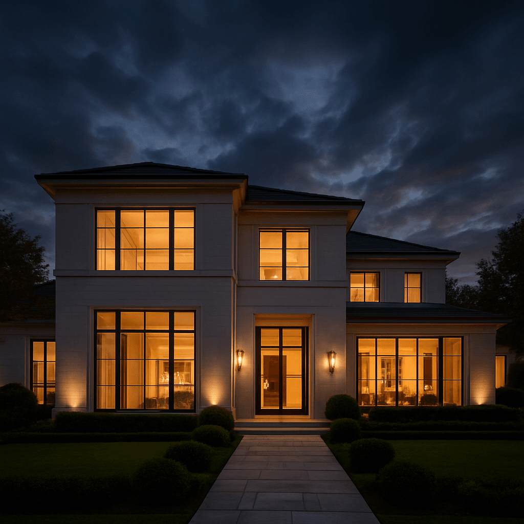 Luxury Houston estate at twilight with freshly finished exterior